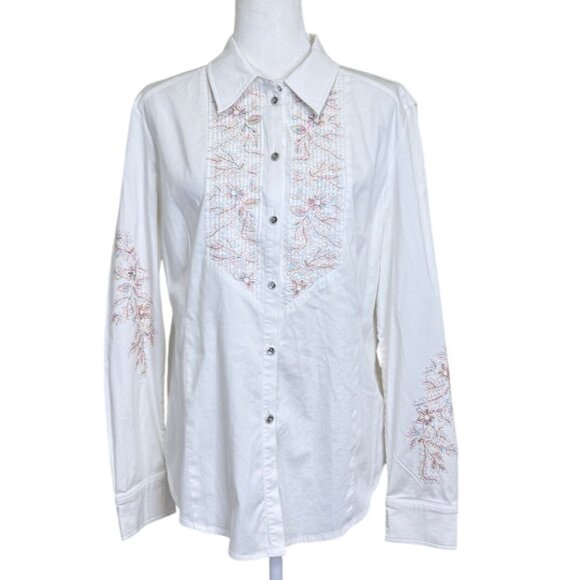 St. John Sport Button-Up Shirt Embroidered Floral Detail Top White Womens Size L - Picture 2 of 9
